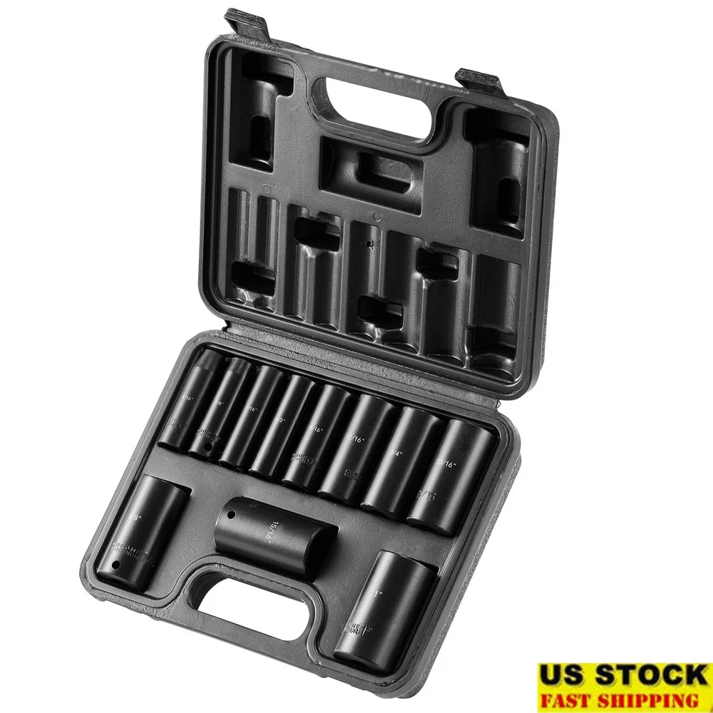 11 Pcs 3/8 Drive Deep Impact Socket Set SAE 5/16 to 1 Inch CR-V Steel High Torque Resistance Durable Carrying Case