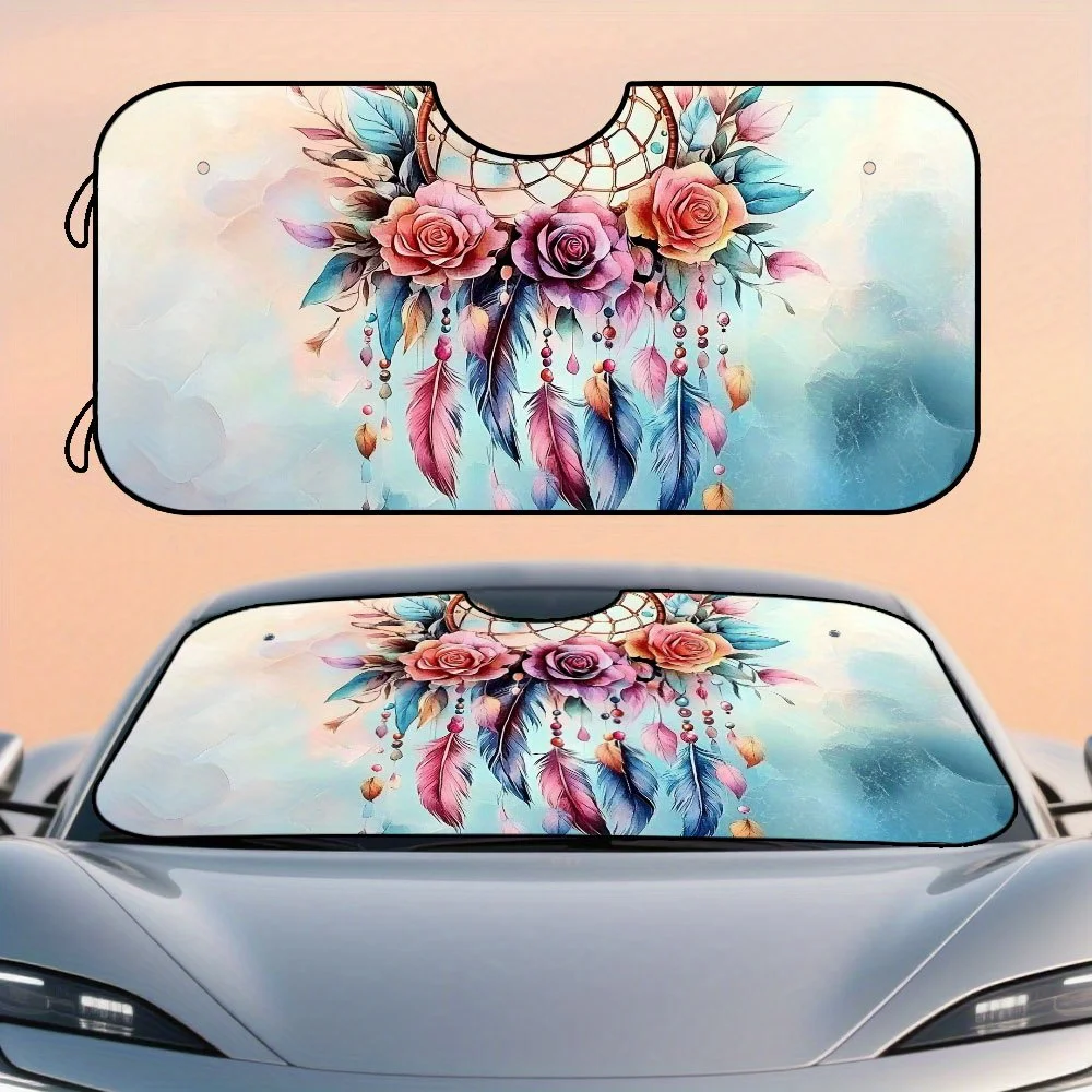 1pc Bohemian Dreamcatcher Watercolor Roses & Feathers Print Foldable Windshield Sunshade For Cars, Suction Cup Design Fit Sunsha