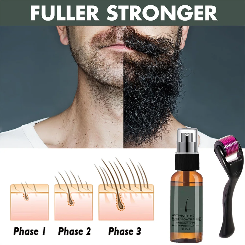 Kit de rodillo de crecimiento de barba Natural para hombres, aceite de crecimiento de barba para hombres, potenciador nutritivo, Spray de aceite de barba anticaída de cabello con rodillo de barba