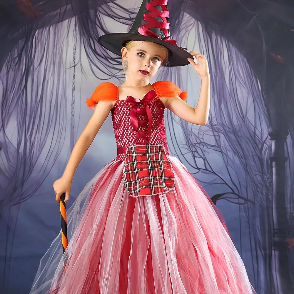 Girls Hocus Pocus Inspired Sarah Sanderson Costume Dress Children Halloween Kids Witch Costume Tutu Dress with Hat and Broom