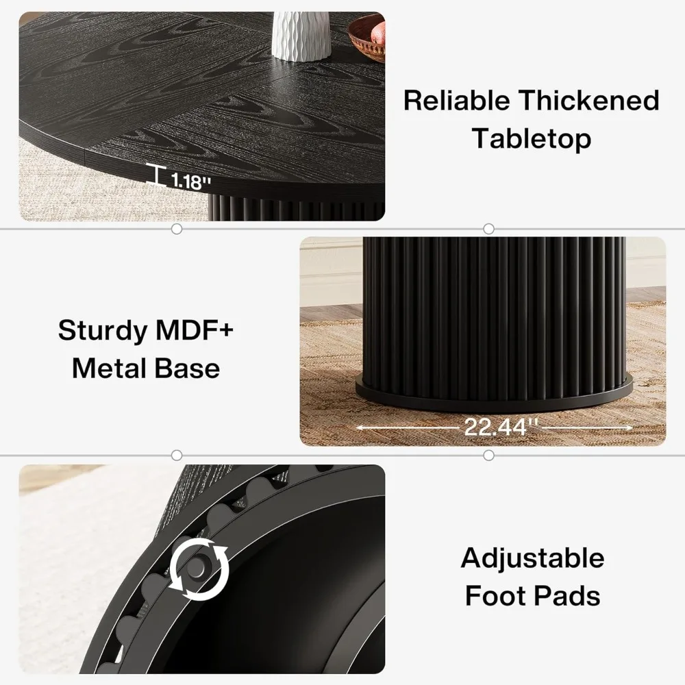 47.24インチの黒い丸いダイニングテーブル、4～6人用、モダンな溝付きMDF+金属ベースのキッチンテーブル、頑丈な円形ダイニングテーブル