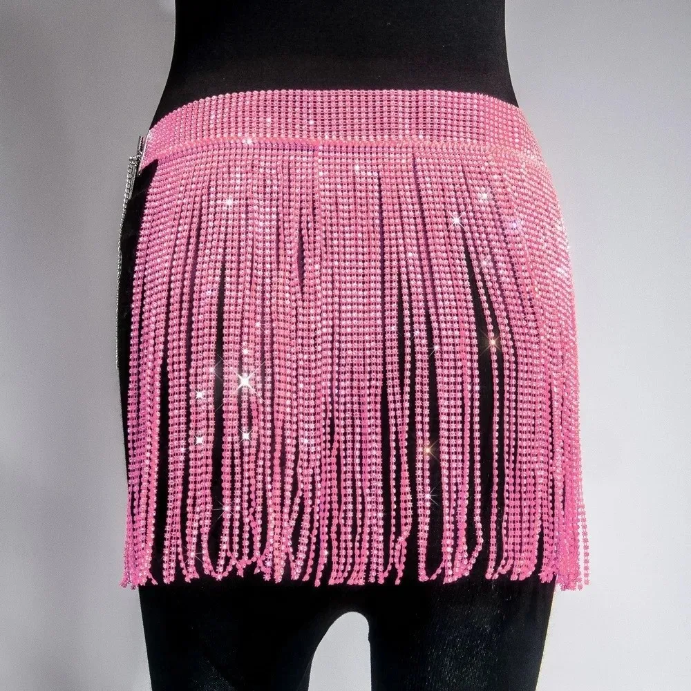 Diamanti lampeggianti Mini abito sexy con lacci Nodo con cinturino in diamanti Minigonna da donna Mezza gonna alla moda con strass glitterati a rete