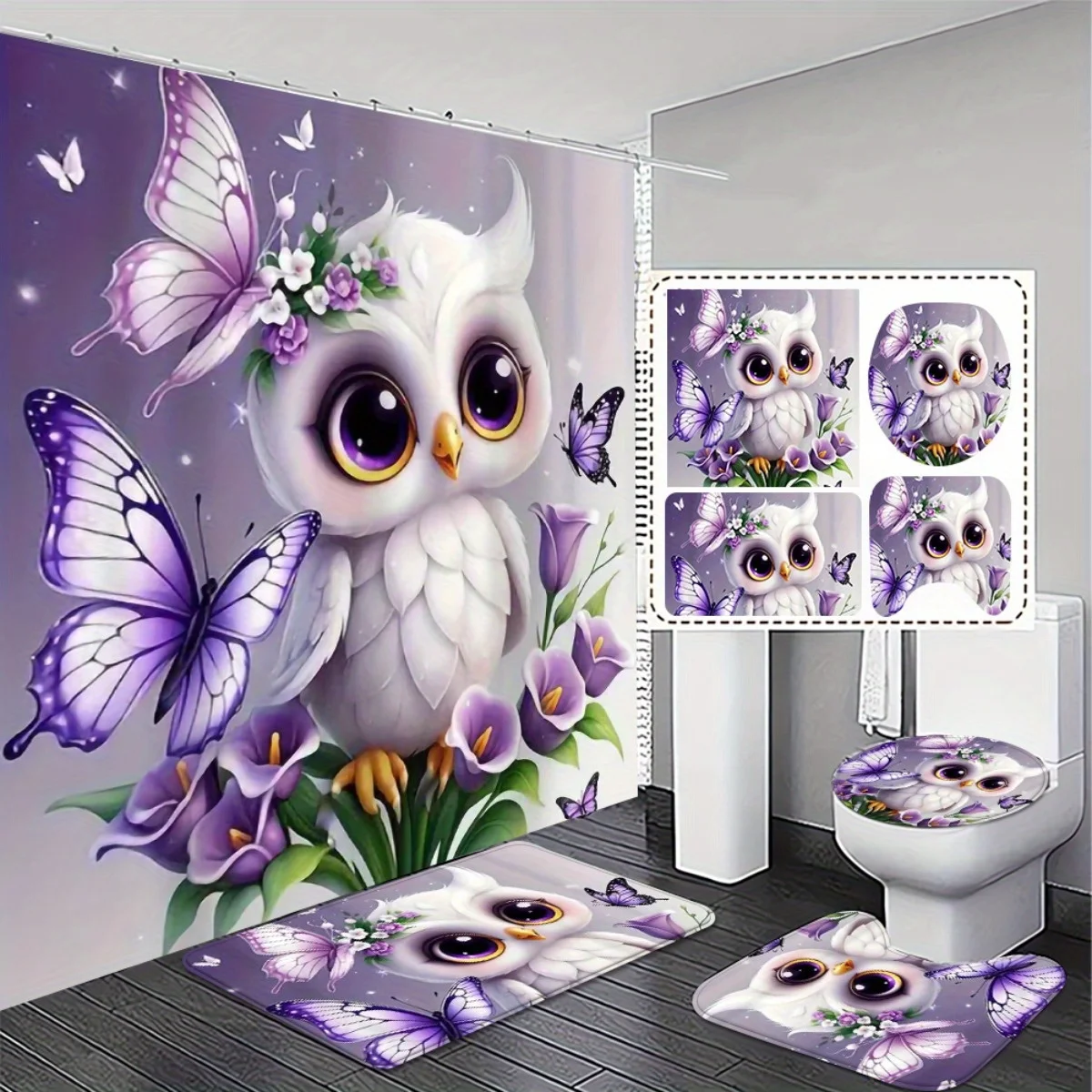 

4pcs Owl Design 2D Flat Shower Curtain Set, Charming Bathroom Decor with Non-Slip Mat, Suitable for Various Home Scenarios