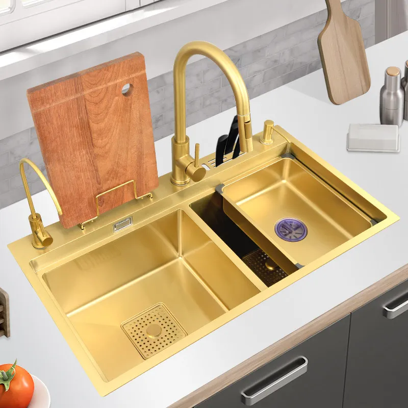 Golden Handmade Stainless Steel Sink 304 Household Kitchen Vegetable Basin Double Sink Multifunctional