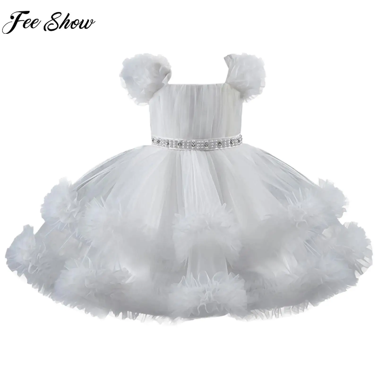 

Kids Wedding Flower Girl Dress Sleeveless Ruffle A-Line Tulle Tutu Princess Ball Gown for Birthday Party Pageant Photography