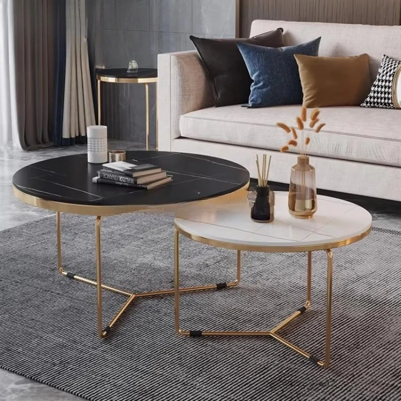 Nested coffee table set gold metal frame rock slab modern