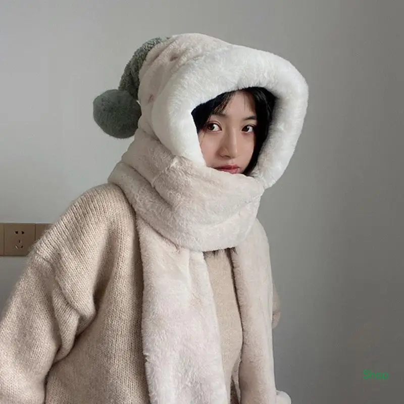 Dropship One-piece Wrap WARM Plush หมวกผ้าพันคอถุงมือ One-piece หมวกผู้หญิงฤดูหนาวหนาหมวกผ้าพันคอถุงมือ Keep WARM