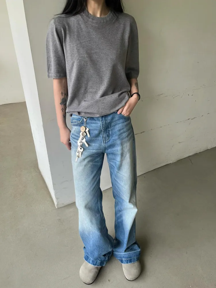 

American Style "Glacial Ripple" Ice Blue Washed Vintage High Waist Men's Wide Leg Jeans A-Line Loose Fit Casual Summer Denim