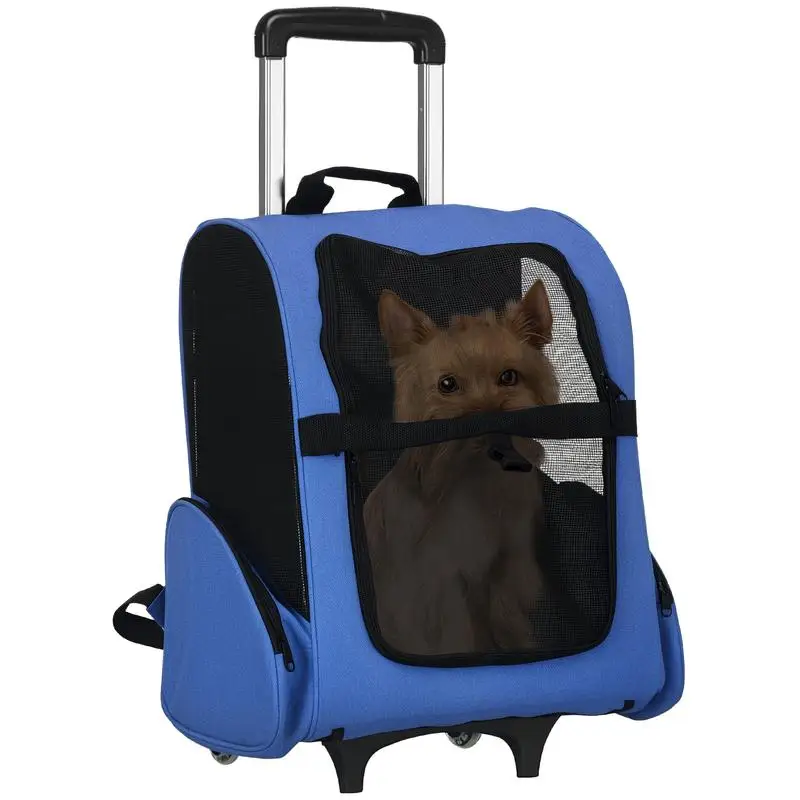 Sac de transport à roulettes pour chien 2 en 1, chariot trolley avec poignée télescopique, sacs de rangement 42 x 25 x 55 cm bleu