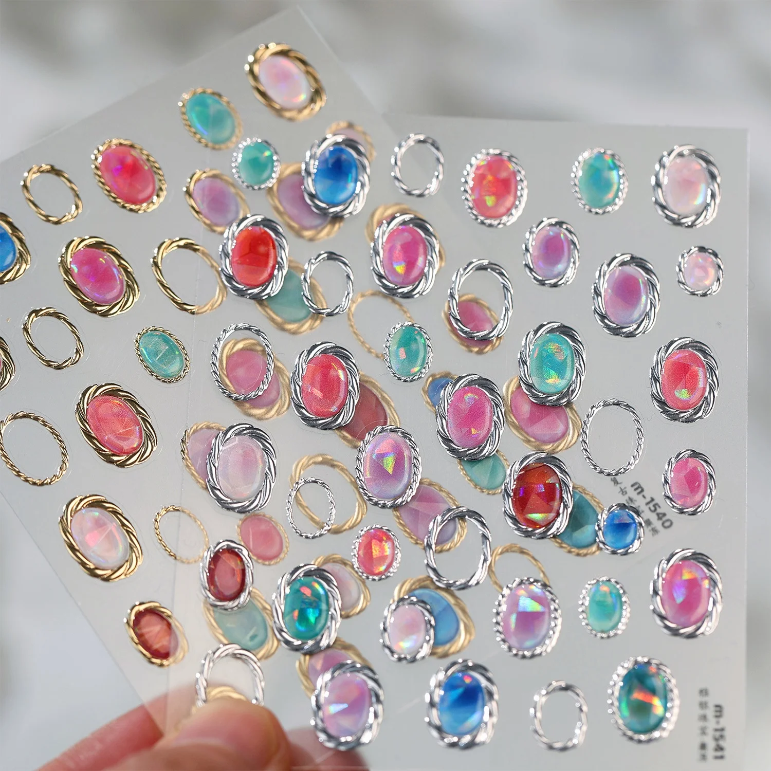 Luxury Royal 5D Nail Art Stickers Retro Palace Imitation Cat Eye Gem Oval Rhinestone Hollow Metal Border Self‑Adhesive Decals