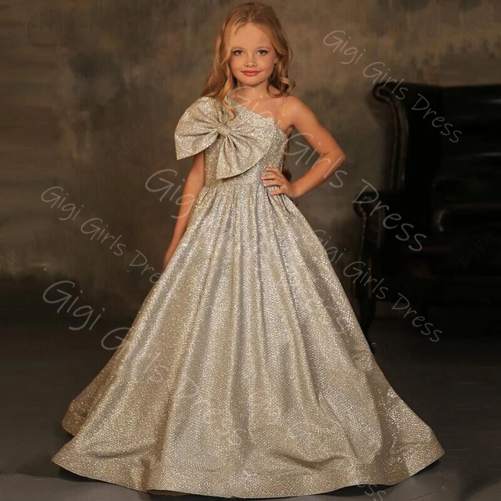 Блестящее пышное платье принцессы для девочек на одно плечо, атласное платье с цветочным узором для девочек на свадьбу, детское платье для дня рождения с бантом