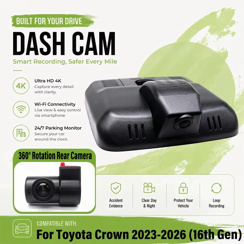 Dedicated DashCam For Toyota Crown 2023-2026 (16th Gen) 4K UHD 2160p Car DVR Plug and play Dash Cam Wifi Camera Video Wireless