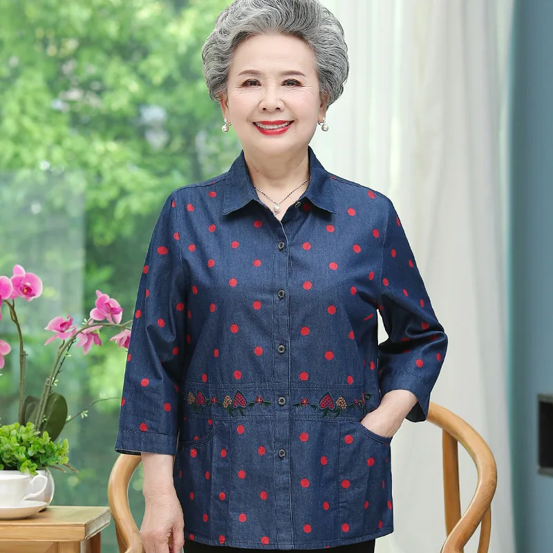 

Pure Cotton Denim irt for Middle-Aged And ly Women ort Sve Collar Single Button Home Sweet Sle Summer Faion