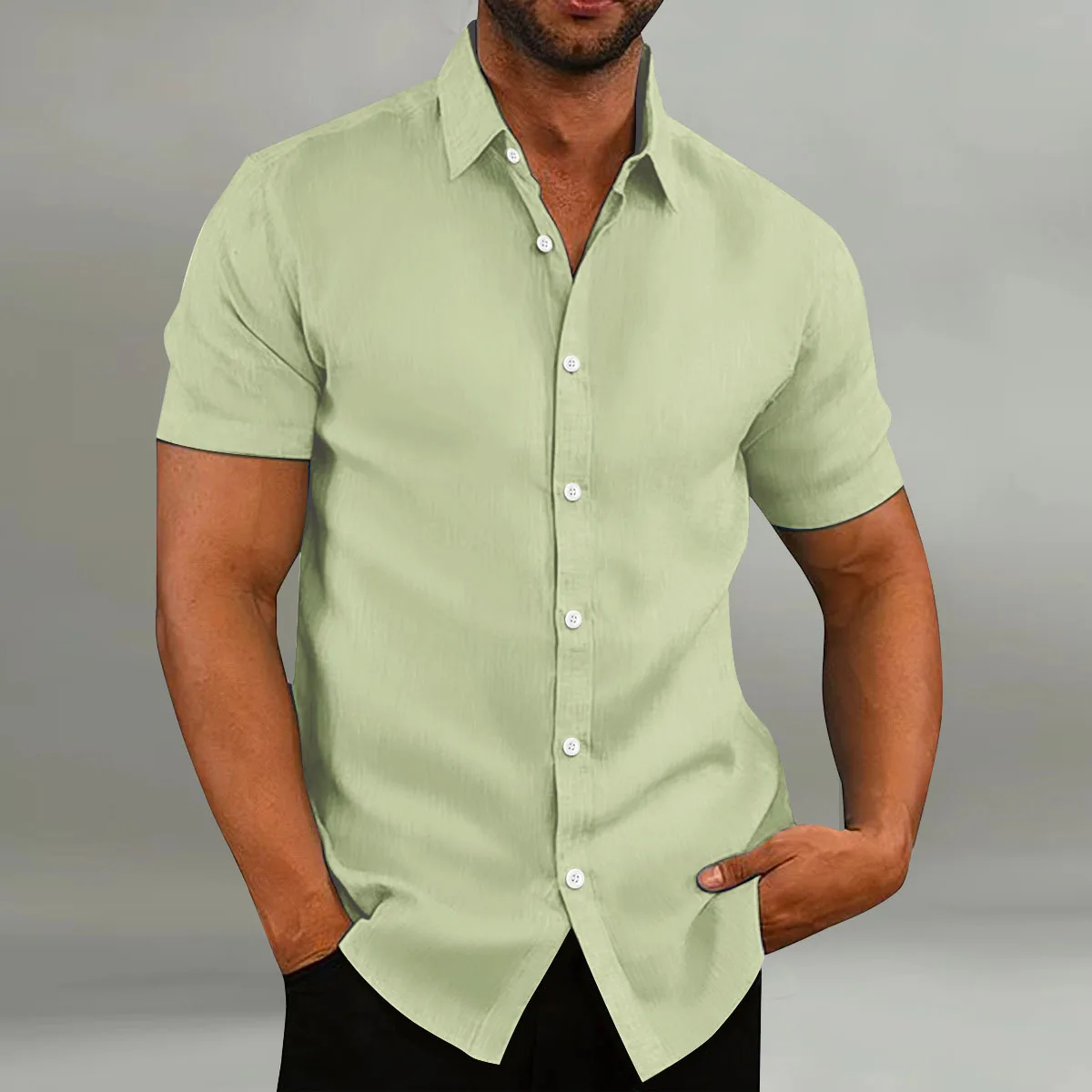 Summer leisure Office Men\'s short-sleeved Shirt solid color lapel shirt British Cotton and linen short-sleeved loose Top