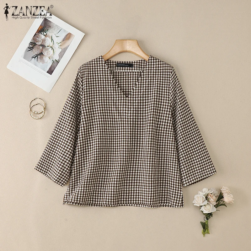 

ZANZEA Summer Plaid Checked Blouse Fashion Women V Neck 3/4 Sleeve Tops Casual Loose Holiday Shirt Female OL Work Blusas Mujer