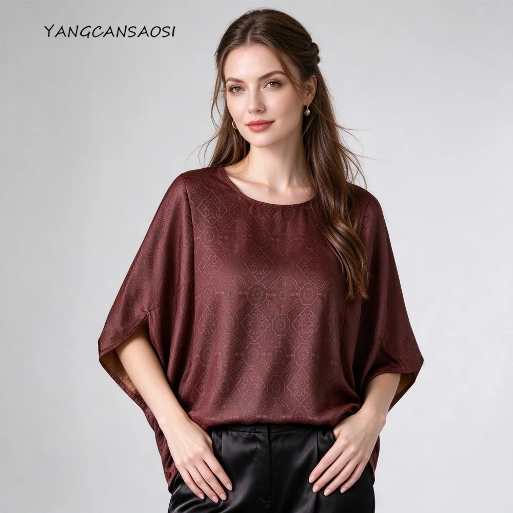 Women's Fashion Design Sense 100% Natural Mulberry Silk Red Cloud Yarn Round Neck Batwing Sleeve Loose Skin Friendly T-shirt