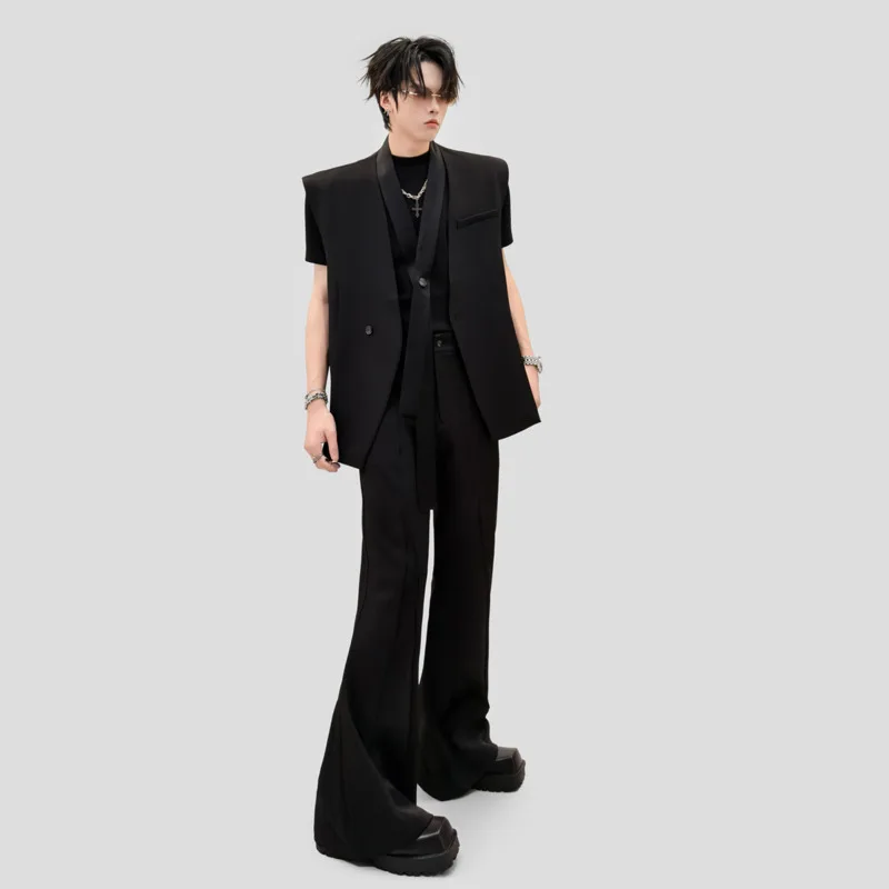 WVGA Spring Autumn New Men Trendy Suits Ribbon Design Vest Jacket Niche Chic Casual Slightly Flared Pants Two Pieces Sets W26528