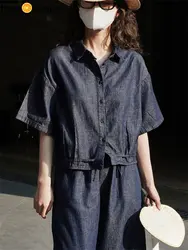 HanOrange 2024 Summer Retro Lazy Drawstring Denim Shirt Women Loose Casual Short Sleeve Top Female