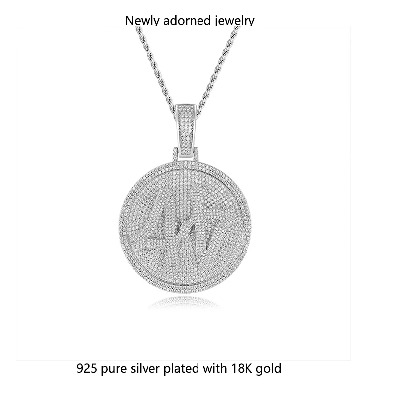 

Custom-made digital round tag pendant necklace with 1.3mm moissanite stone, pure silver, for rap singers and hip-hop enthusiasts