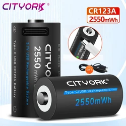 CITYORK CR123A Battery 2550mWh 3.7V Rechargeable 16350 16340 Batteries For LED Flashlight 16350 RCR123 Battery+USB Type-c Cable