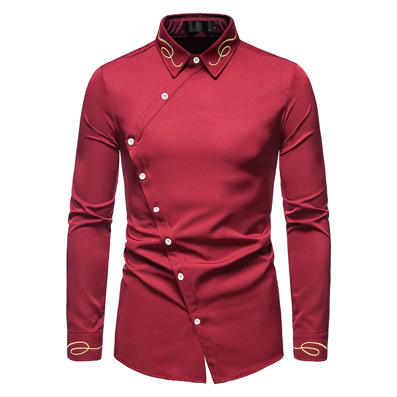 Men\'s Long Sleeved Shirt Embroidered Asymmetrical Button Design Wedding Groomsman Formal Party Dress Gentleman Casual Shirt