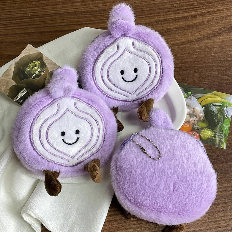 Monederos bonitos con sonrisa de cebolla, monederos de felpa con dibujos de verduras, cebolla púrpura, bolsa para dinero, colgante, almacenamiento de moda, bolsa pequeña, almacenamiento de oficina