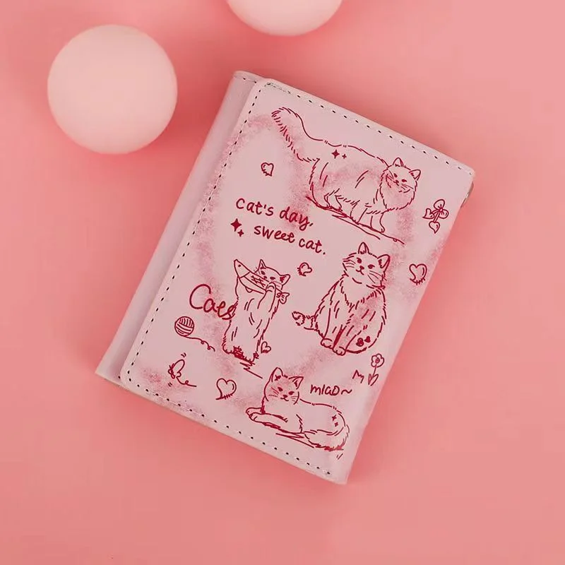Portable Letter Printed Pink Cat Wallet Sewn Pendant PU Wallet Waterproof Spring Rope Short Money Bag Card storage Container