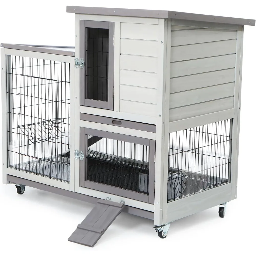 

Rabbit Hutch Indoor 2 Storey Bunny Cage Outdoor Mobile Guinea Pig Cage Urine Baffles Bottom Wire Floor 2 Trays Metal Feeder