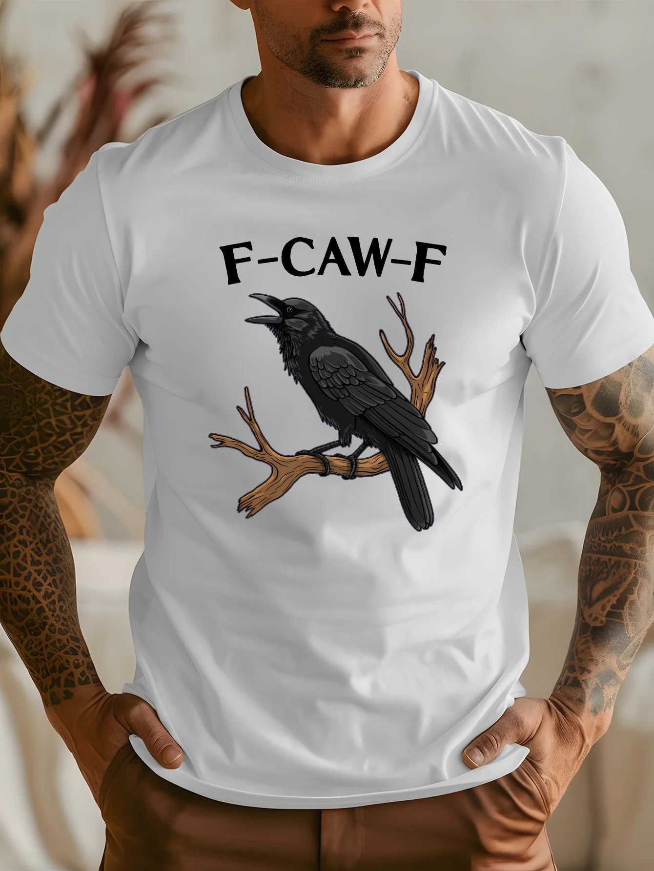 

Men's Retro Crow Pattern T-Shirt Casual Summer Round Neck Short Sleeve Fcawf Print Black and White Design Daily Wear Retro Pattern T-Shirt Glossy Fabric