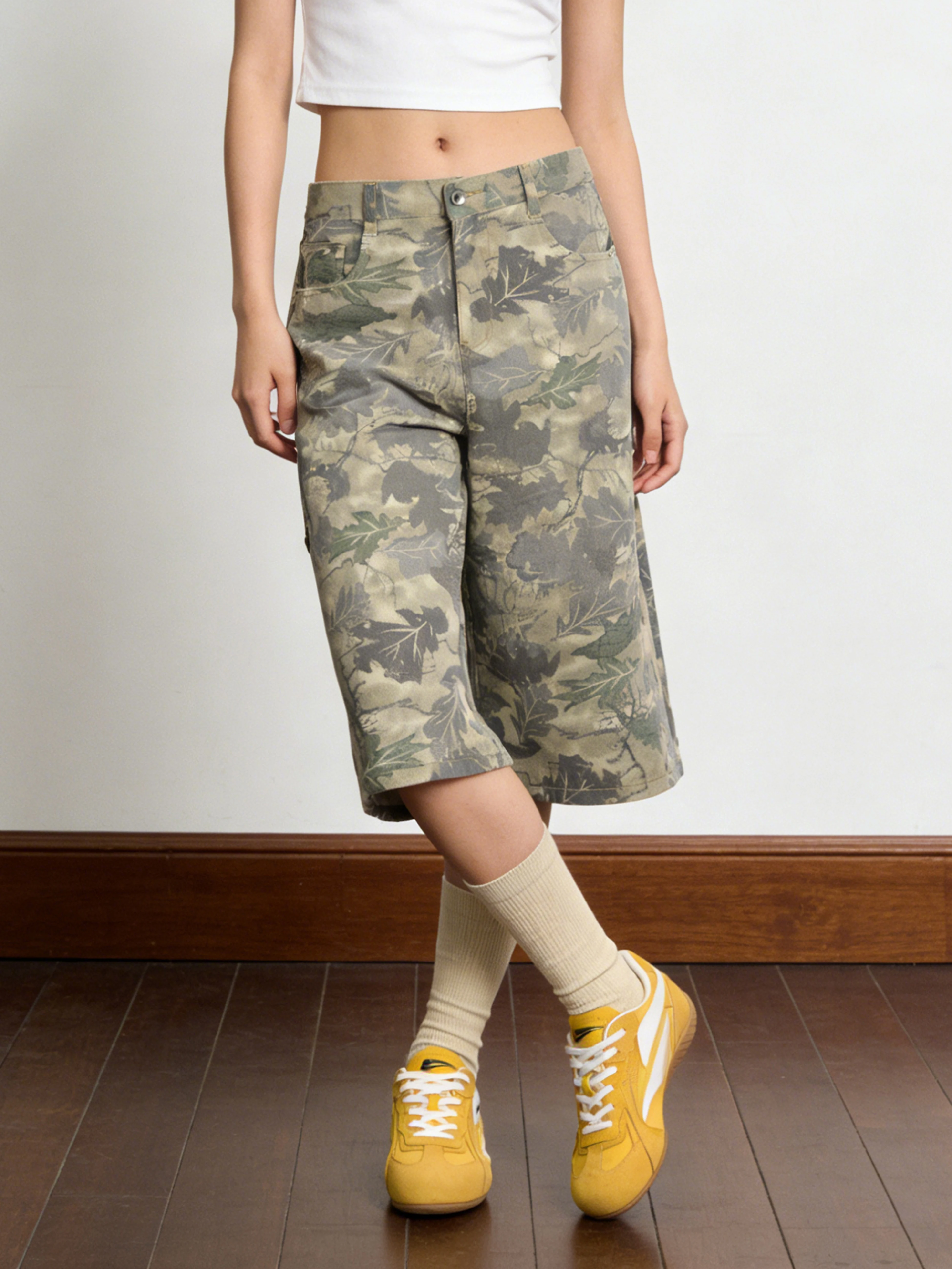 American Style Camouflage Wide Leg Seven-Foot Pants Women's Casual Trousers Loose Couple Workwear Cotton Blend Summer