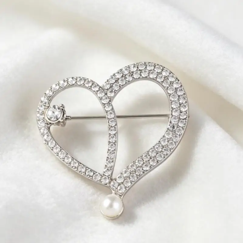 Elegant Hollow Heart Brooch With Sparkling Rhinestones And Faux Pearl Perfect For Wedding Parties Daily Wear Formal Events