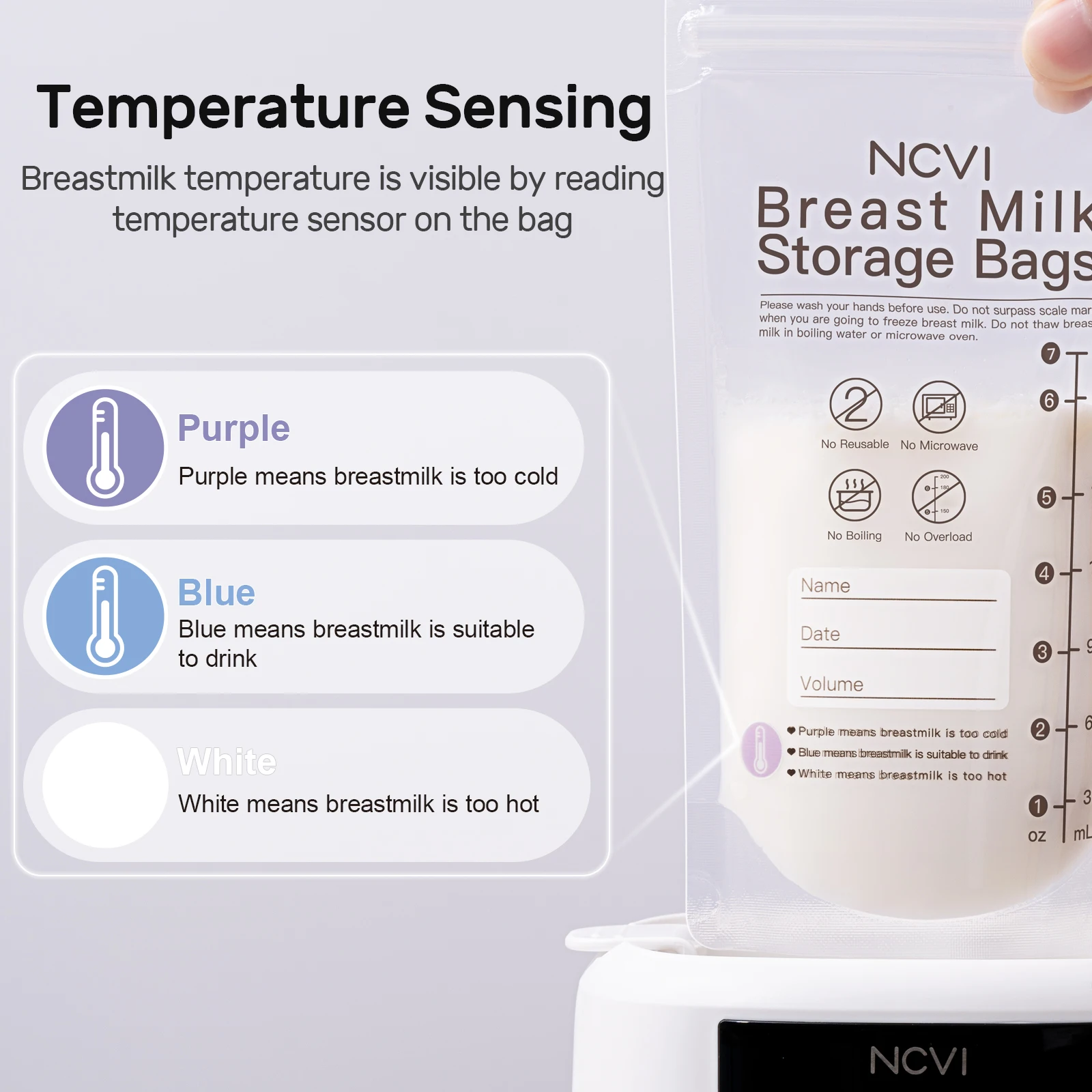 NCVI torby do przechowywania mleka, 6 uncji worki do zamrażarki mleka do długotrwałego przechowywania karmienia piersią, czujnik temperatury, bez BPA