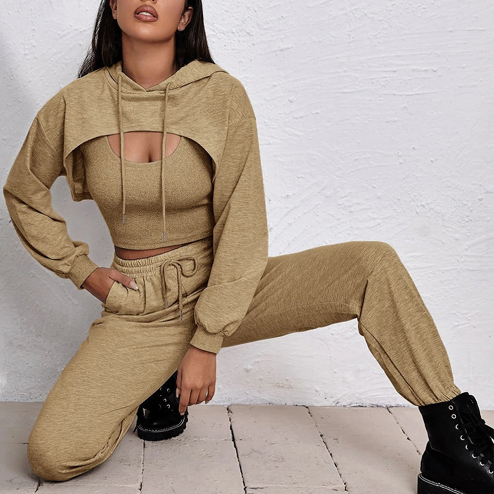 Women 3 Piece Sportswear Sets 2022 New Female Casual Hollow Hoodies Outfits Women\'s Trouser Suit Waist Elastic Sweatpants Suit