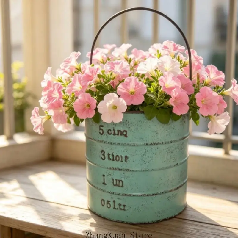 Round Metal Flower Planter Bucket with Carry Handle, Raised Detail and Aged Finish for Balcony and Tabletop Home Display 3XUF