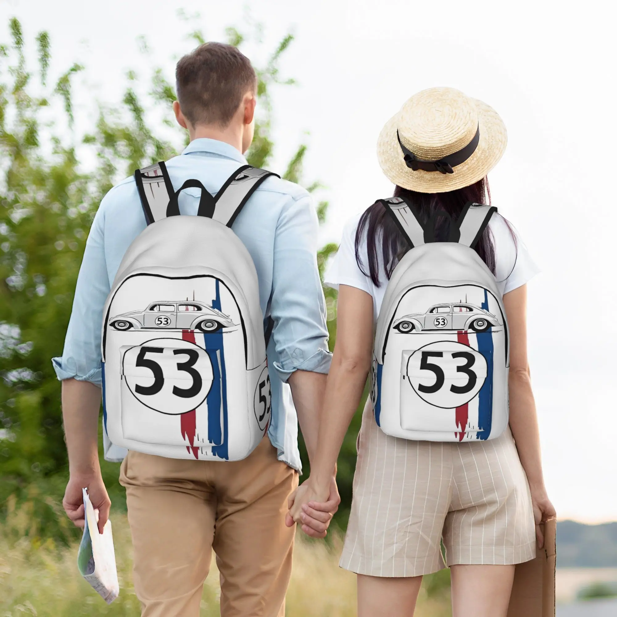 

Herbie Number 53 Backpack for Men Women Fashion High School Work Daypack Race Car Enthusiasts Stripe Laptop Computer Canvas Bags