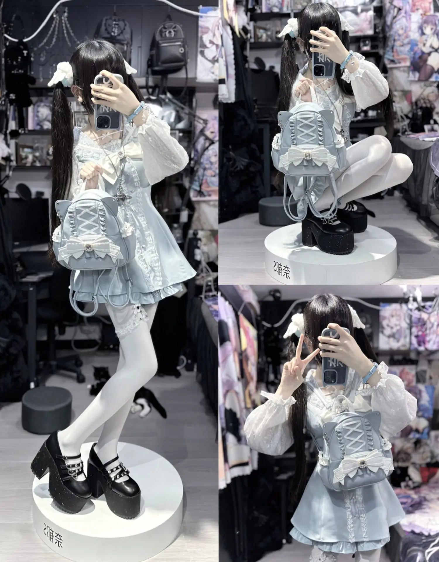 Japanische Subkultur Y2k Rucksack Weibliche Original Katze Ohren Süße Nette Lolita Bogen Strass Rüschen Rand Cross Strap Rucksack Mädchen