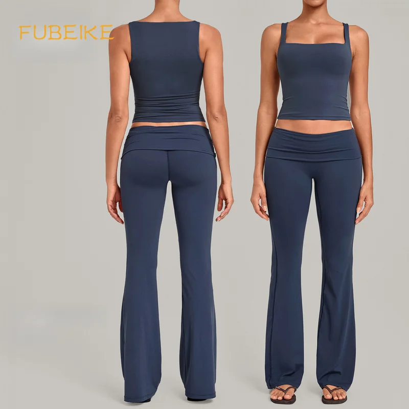 Women 2‑Piece Yoga Outfit Square Neck Fitted Tank Top  Fold‑Over Waist Flare Leggings High Waist Hip Lifting Fitness Activewear