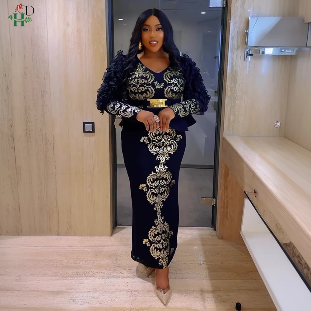 

African Clothes For Women Dashiki Plus Size Elegant Sequin Turkey Tight Dress Party Evening Gown Daily Wear Puff Sleeve 2025 New