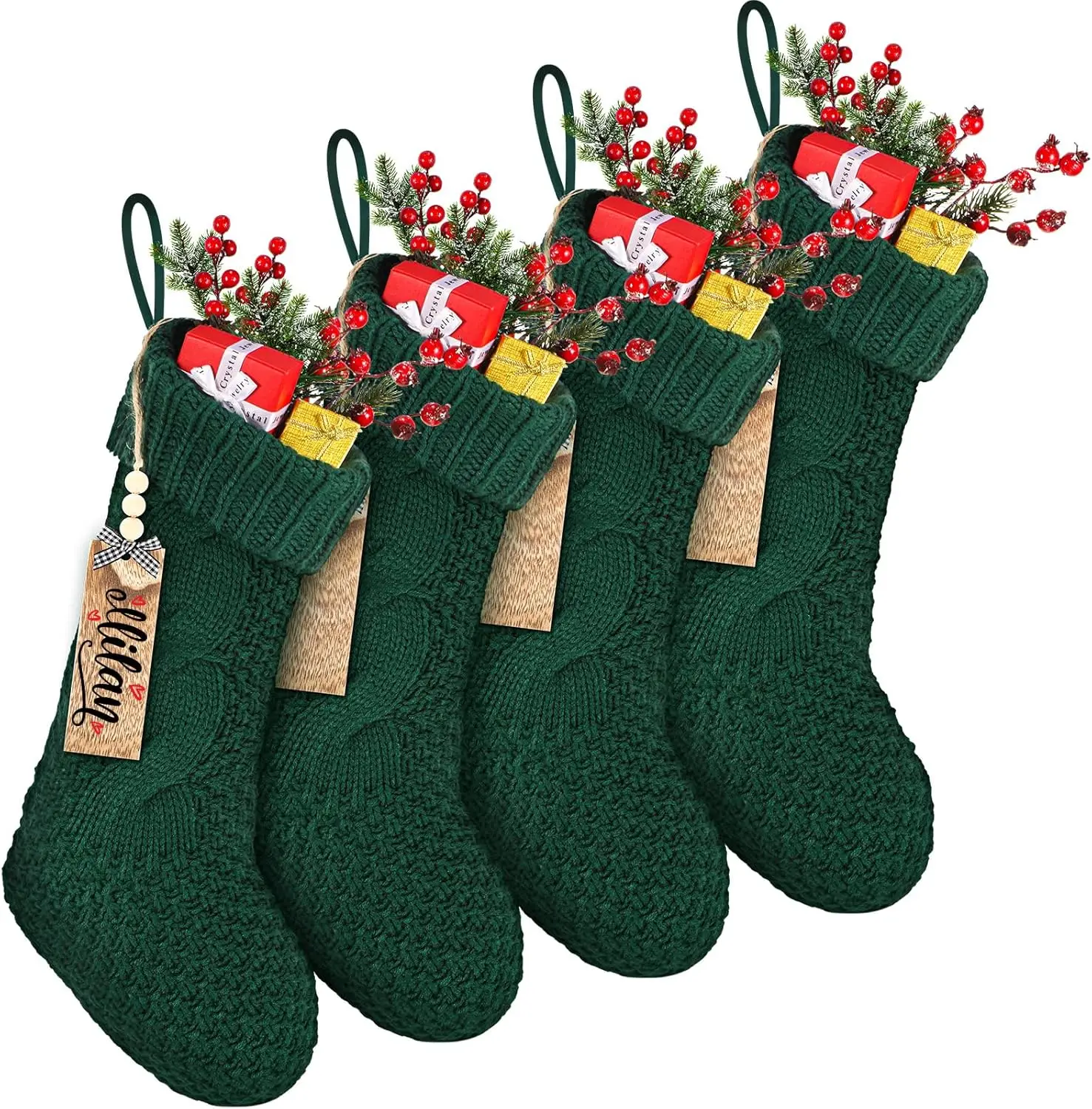 

4 упаковки рождественских чулок с именными бирками, вязаные рождественские подвесные чулки 18 футов для декора камина, дерева и камин (зеленые)