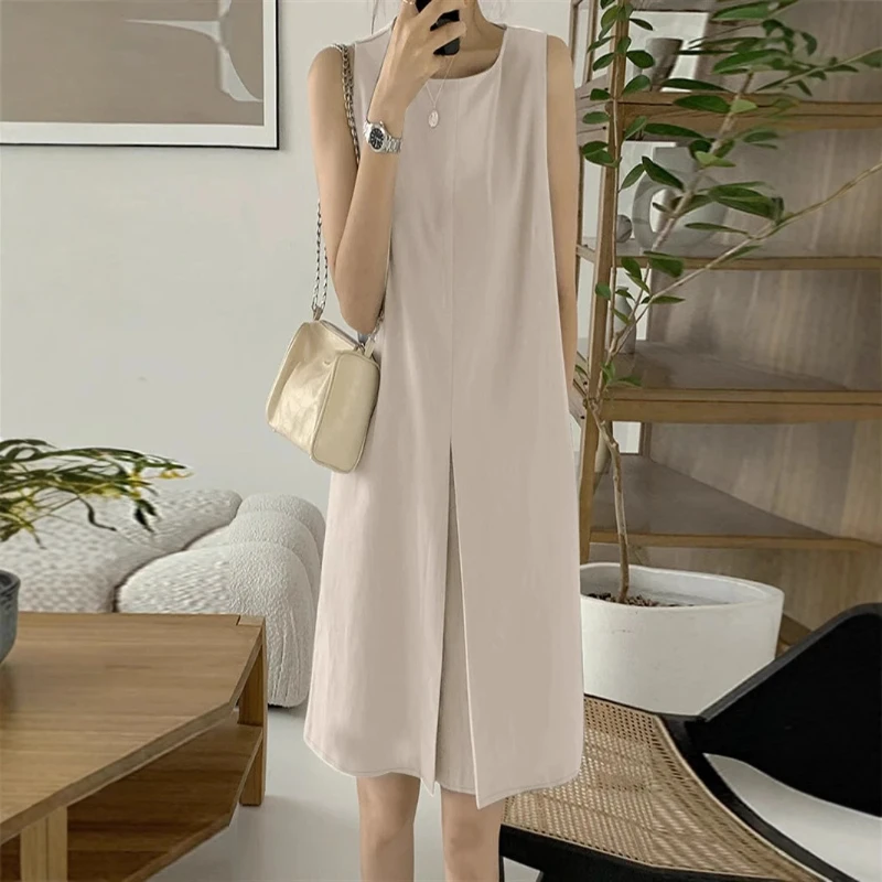 2025 été Style coréen coton lin col rond sans manches femmes débardeur robes mi-longue décontracté solide coupe ample poches Robes robe