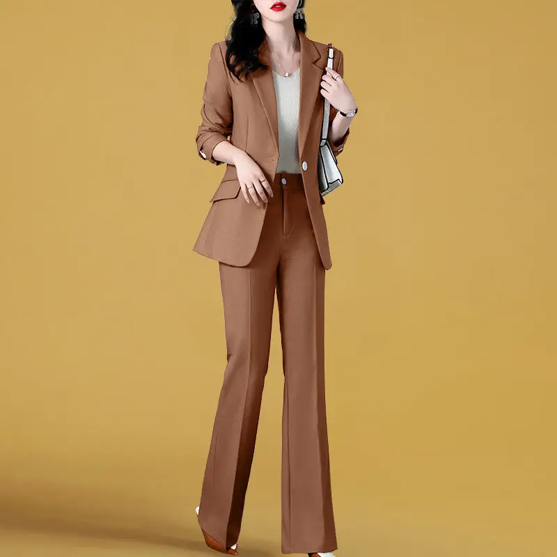 Women\'s Autumn Winter New Fashion Professional Suit Two Piece Korean Elegant Casual Blazer Jacket+Micro Flare Pants Matching Set