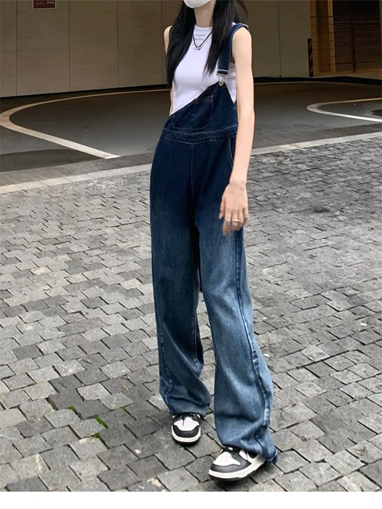 Women's Gradient Blue Single Shoulder Denim Overalls Girl Wide Leg Suspender Jumpsuits Pants Female Streetwear Rompers Trouser