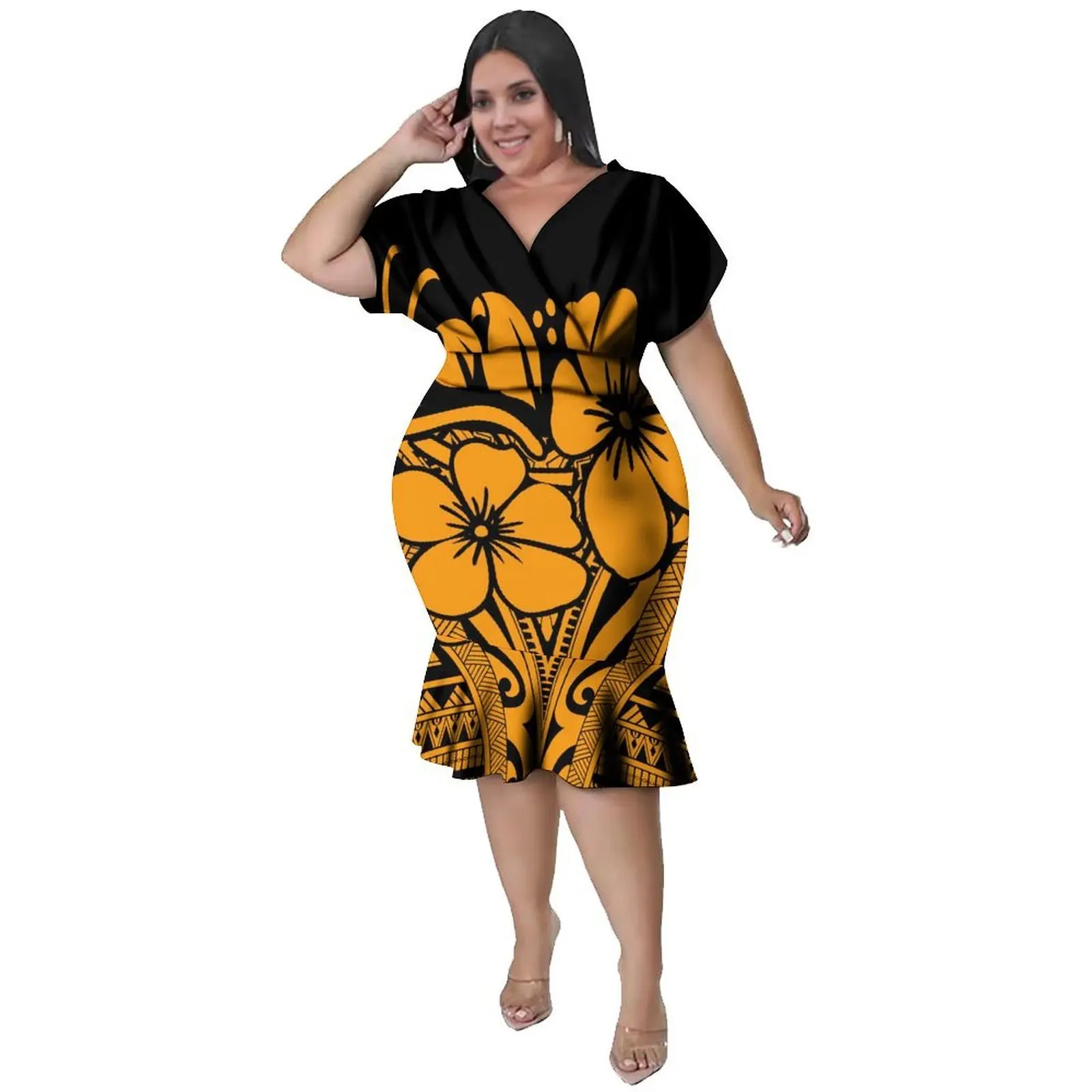 

Polynesian Women'S Short-Sleeved Fitted Dres High-Definition Pattern Customization Dress Casual Clothing Customized Clothing