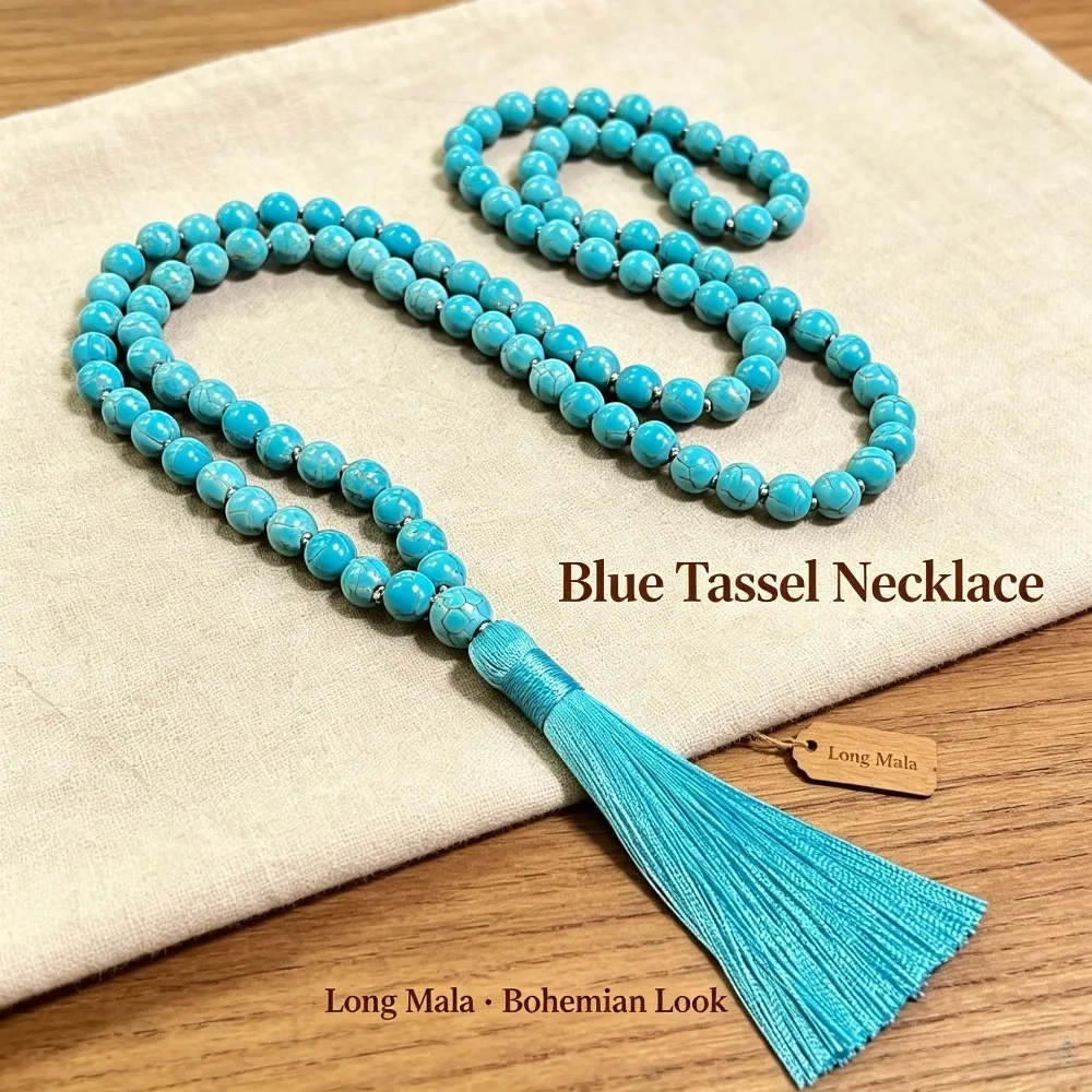 Hand Knotted Bohemian Beaded Nature Stone Necklace, 108 Bead Tassel Lariat Long Fashion Prayer Beads