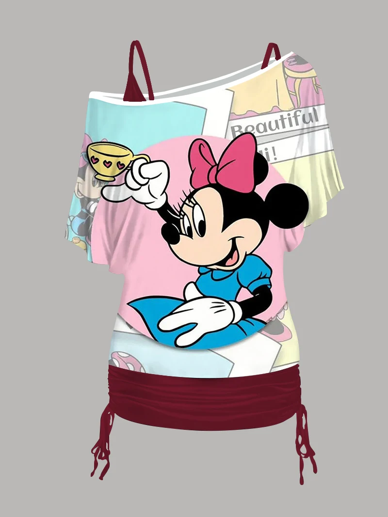 Mickey One Shoulder Sleeve T-shirt Tops Dress Fashion Summer Dresses 2024 Disney Crew Neck Mini Skirt Women's Clothing Set Sexy