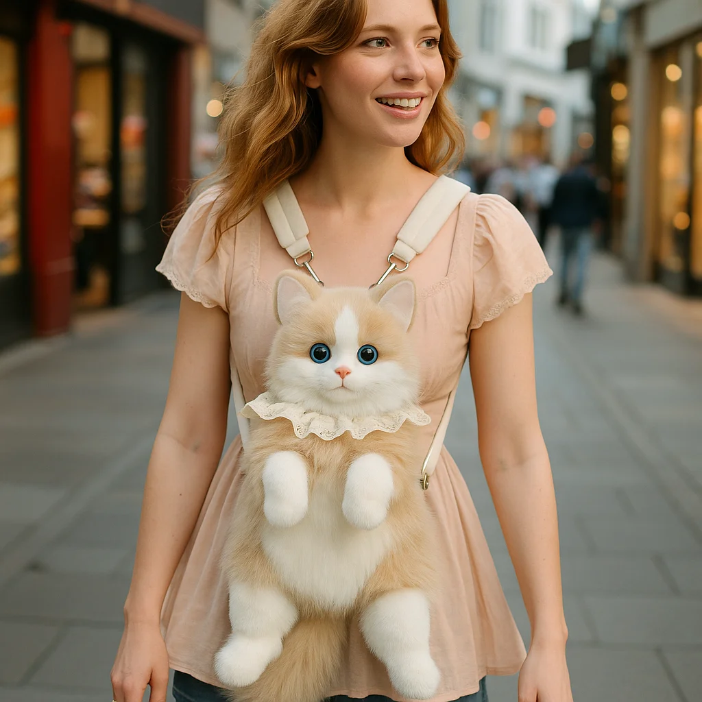 Cute Cat Plush Backpack for Girls, 14 Inch Kawaii Animal Bag, Soft Kitty Shoulder Bag for Everyday Outfits & Gifts