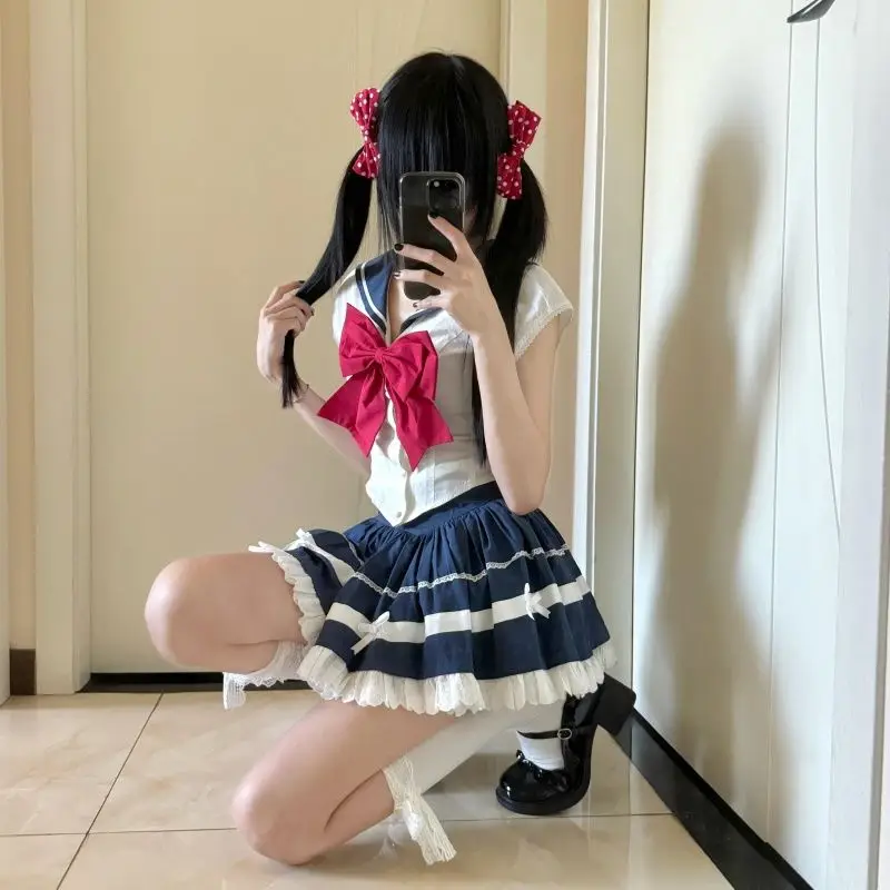 

Японский Kawaii Girl Sweet Set Милая Лолита Y2k Блузка с матросским воротником и бантом JK Кружевная юбка трапециевидной формы с высокой талией Одежда в консервативном стиле