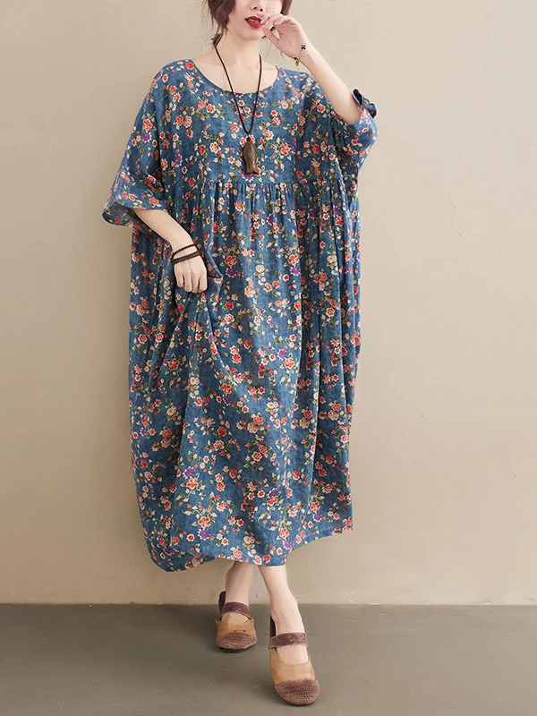 플러스 사이즈 여름 빈티지 프린트 드레스 루즈핏 배 가리는 롱 커뮤트 아트 스타일 레귤러 소재 캐주얼 드레스