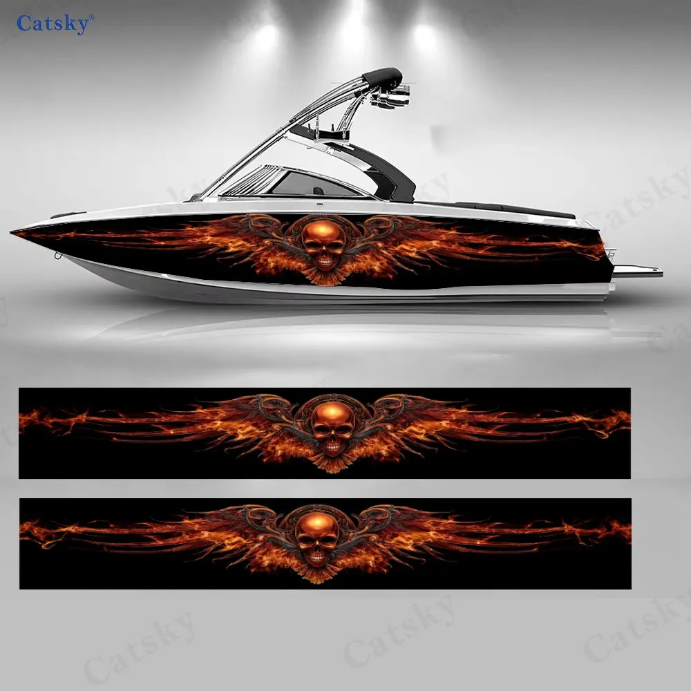 

2Pcs Blazing Winged Skull Boat Stickers, PVC Waterproof Durable Vinyl Wrap Decals for Fishing Boats, Durable and Stylish Design