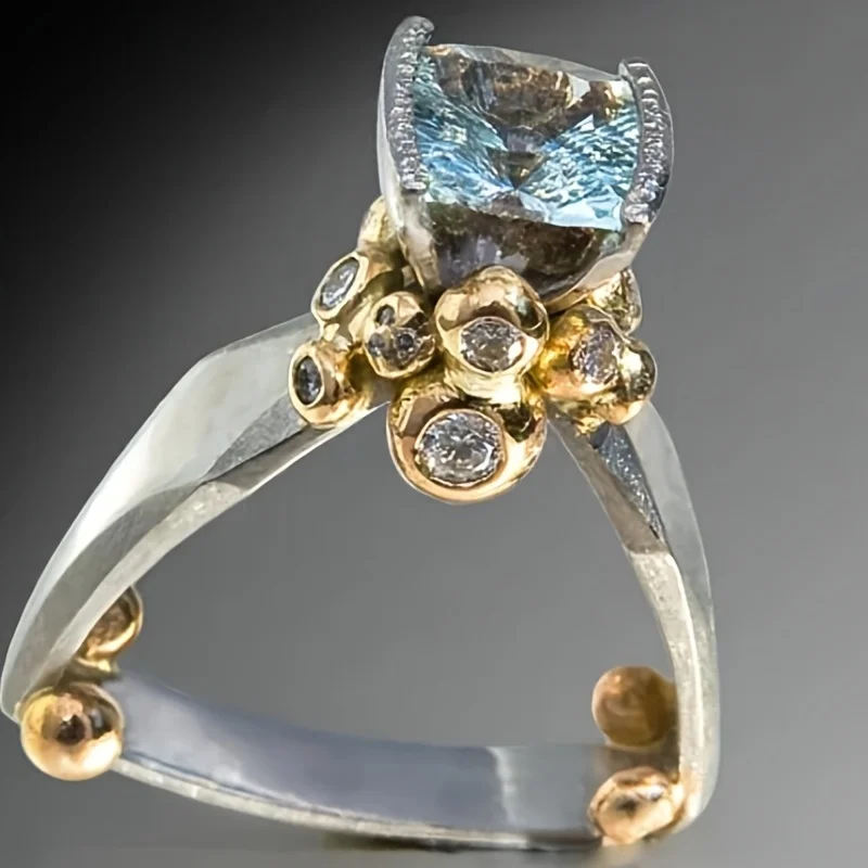 Vintage-Ring für Damen mit eingelegtem meerblauem CZ, ethnische Zweifarben-Geometrie, für den täglichen Gebrauch, Partyschmuck, Jubiläumsgeschenk